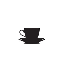 Simple black silhouette of a coffee cup and saucer on a white background