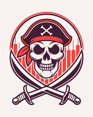 Fototapeta premium Pirate skull logo with crossed swords and cityscape background