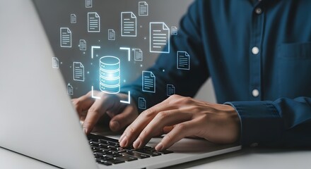 Person typing on a laptop with digital document and database icons overlayed on the screen