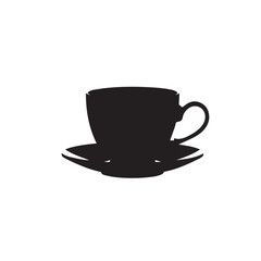 Simple black silhouette of a coffee cup and saucer on white background