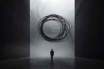 complex notion human figure ensnared in overthinking, a surreal tangle of wires