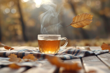 seasonal picnic theme, picnic in the fall with a plaid blanket, warm tea, and leaves cascading