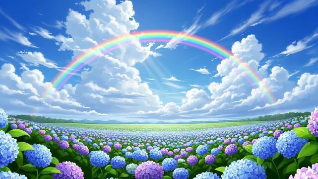 A vibrant rainbow arches over a field of colorful hydrangea flowers under a cloudy sky
