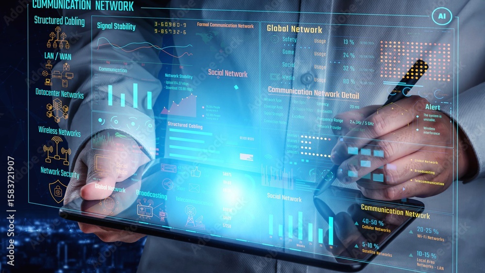 Poster data center monitoring dashboard visualize network performance, connection status, usage rate, and t
