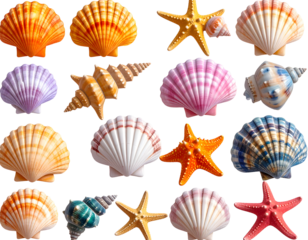 3D assorted seashell collection on white background, high-resolution glossy summer be transparent background.