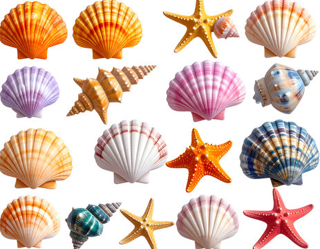 3D assorted seashell collection on white background, high-resolution glossy summer be transparent background.