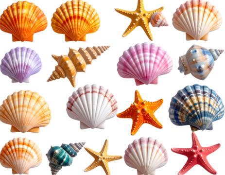 3D assorted seashell collection on white background, high-resolution glossy summer be transparent background.