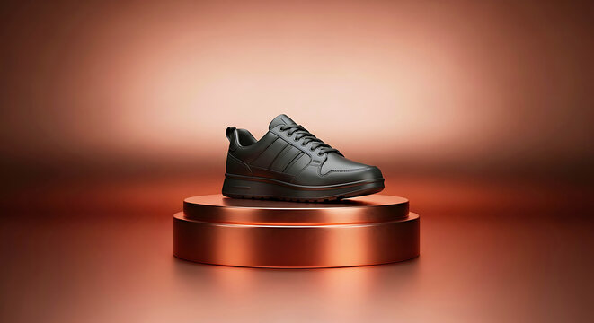 Black sneaker on a copper-colored pedestal against a gradient orange-brown background shoe footwear