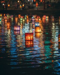 Floating lanterns illuminating water at night