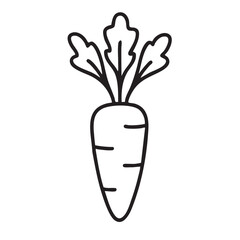 Simple carrot icon with leaves in black outline on a white background illustration