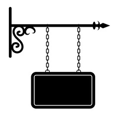 Vintage Hanging Signboard with Decorative Iron Bracket Vector Illustration. A classic hanging signboard suspended by two vertical chains from a horizontal ornamental iron bracket.