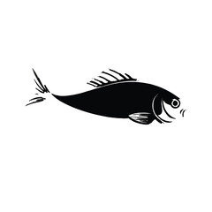 Stylized black silhouette of a fish swimming with a white background