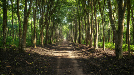 Scenic Rubber Plantation Road: Serene Tropical Forest Path Landscape