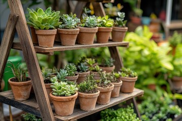 Colorful assortment of potted succulents displayed on a rustic wooden shelf in a garden center