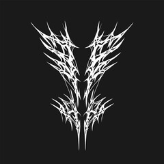 symmetrical tribal vector design in white on black, with aggressive barbed line elements. Ideal for tattoos, apparel prints, or gothic digital artwork.