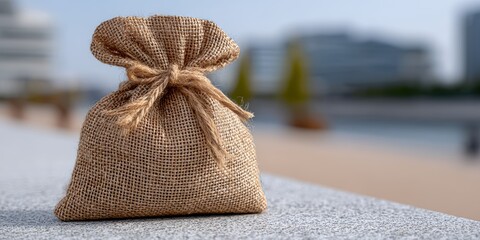 sustainable shopping bag, jute shopping bag with natural texture, tied and placed on concrete, urban background slightly blurred, eco-friendly