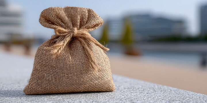 sustainable shopping bag, jute shopping bag with natural texture, tied and placed on concrete, urban background slightly blurred, eco-friendly