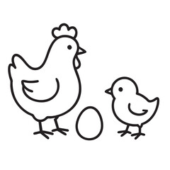 Minimalist Chicken Chick and Egg Line Art Illustration on a White Background