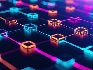 A glowing digital network of interconnected cubes, illustrating a futuristic blockchain or data system with vibrant neon blue, pink, and orange lines.