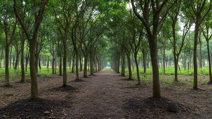Rubber Tree Plantation Tunnel: Natural Green Landscape Scenery