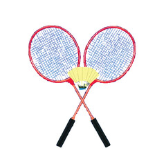 Two crossed badminton rackets with a shuttlecock in the center