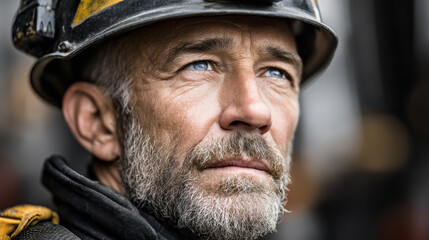 Portrait of a mature caucasian construction worker in a helmet with blue eyes and a focused expression at a worksite