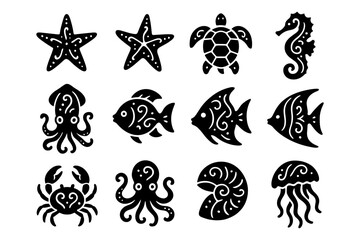 Obraz premium Marine life silhouettes: starfish, turtle, seahorse, squid, fish, crab, octopus, jellyfish