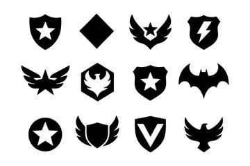 Set of iconic superhero emblems and shield designs in black silhouette style