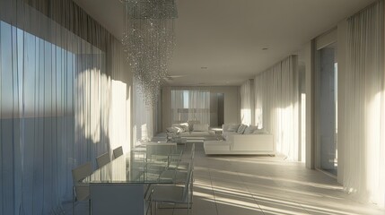 Modern, sunlit interior design of a spacious living room and dining area.