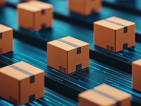 Cardboard boxes on a conveyor belt with digital blue lines, symbolizing automated logistics and smart supply chain technology.