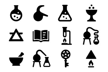 Alchemy and chemistry icons set in bold silhouette style