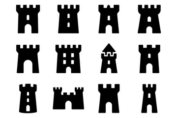 Silhouette castle towers set: medieval fortress icons collection