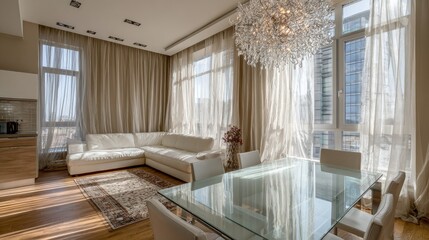 Modern open-plan apartment interior design with large windows.