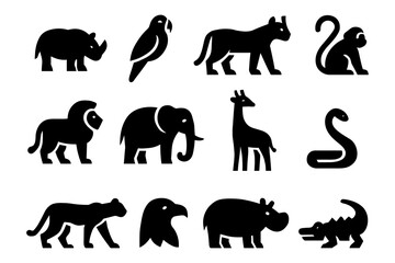 Obraz premium Silhouette wildlife icons collection: rhino, elephant, giraffe, and more exotic animals