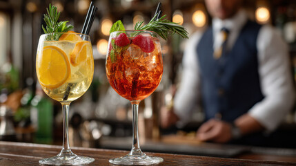 Vibrant cocktails with fresh citrus and berries garnished with herbs in elegant glasses at trendy bar setting