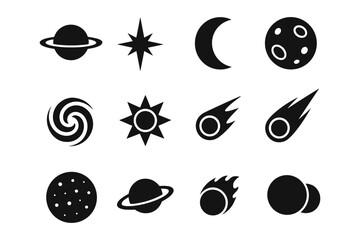 Celestial icons set: planets, stars, moons, and comets in simple black silhouette