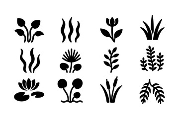 Black silhouette nature icons: minimal plant and leaf designs