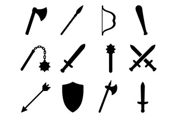 Medieval silhouette weapons collection featuring swords, axes, and more