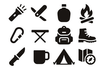 Obraz premium Camping gear and essential tools silhouettes for outdoor adventures