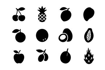 Fruit silhouette icons: diverse black symbols of popular fruits