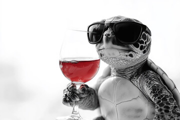 Cool turtle wearing sunglasses holding red wine glass in quirky black and white conceptual image