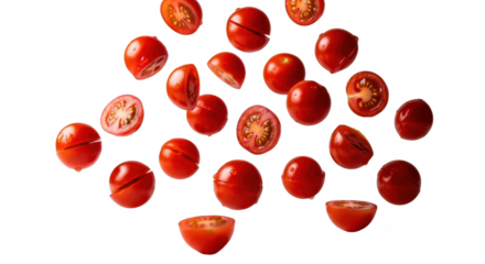 Freshly sliced cherry tomatoes levitate in mid-air, a vibrant display of red against a white background.