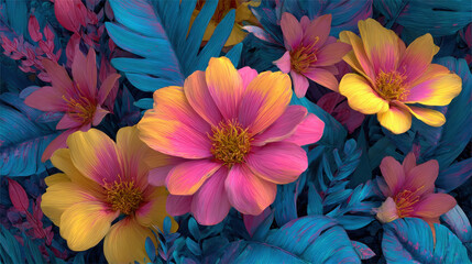 Vibrant pink and yellow flowers among lush blue leaves in a colorful botanical scene