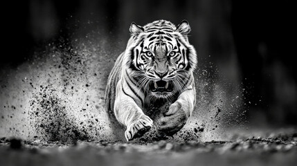 A powerful close-up of a tiger sprinting directly at the camera, sand flying beneath its paws. The image captures raw strength, wild energy, and the intensity of nature in motion.