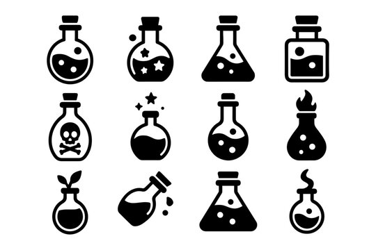 Set of magical potion and chemistry bottle icons in solid style