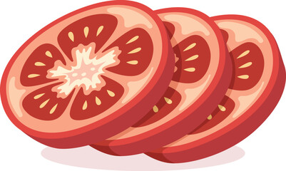 Three cartoon tomato slices are stacked, showcasing their red skin, fleshy interior, and visible seeds.