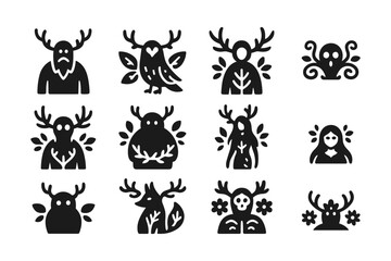 Naklejka premium Unique silhouette icons featuring mythical creatures with antlers and nature elements