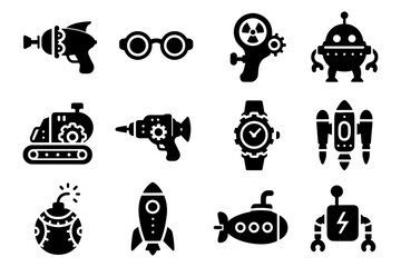 Retro futuristic sci-fi icons in silhouette style featuring gadgets and robots