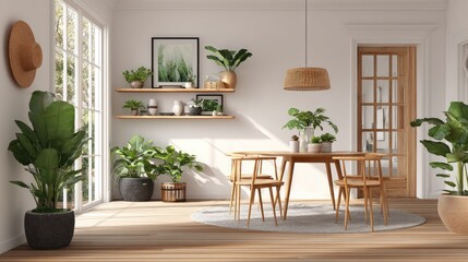 A sun-drenched dining area with wooden furniture and greenery.