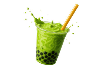 Matcha boba tea with tapioca pearls, splashing isolated on transparent background